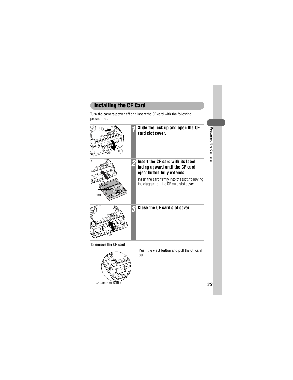 Installing the cf card | Canon 430 User Manual | Page 25 / 164