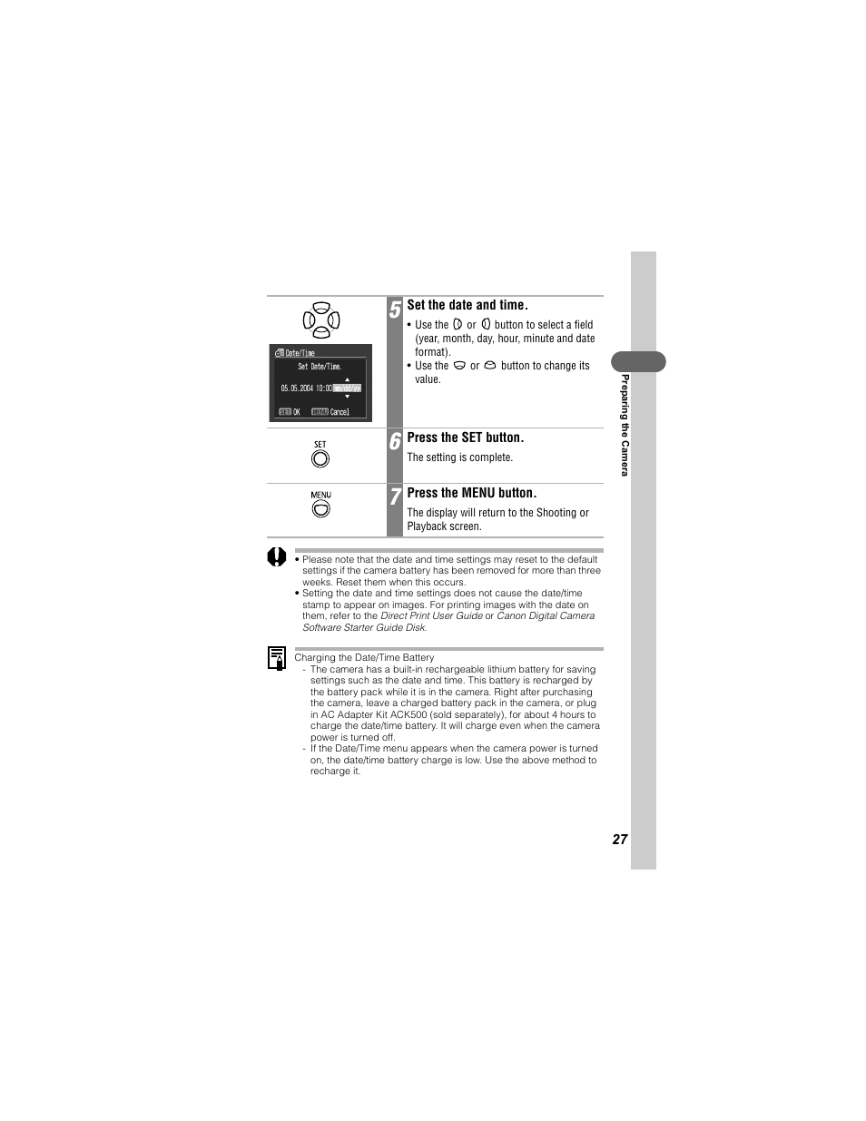 Charging the date/time battery | Canon 430 User Manual | Page 29 / 164