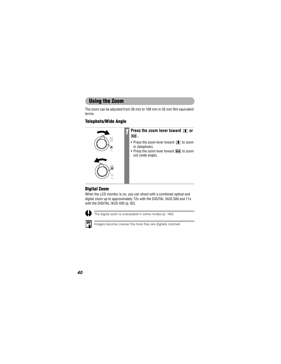 Using the zoom | Canon 430 User Manual | Page 42 / 164