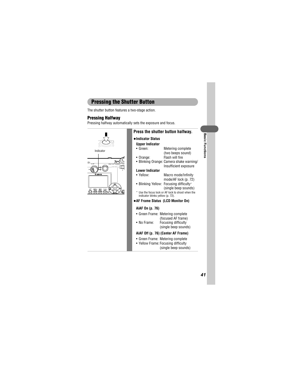 Pressing the shutter button | Canon 430 User Manual | Page 43 / 164