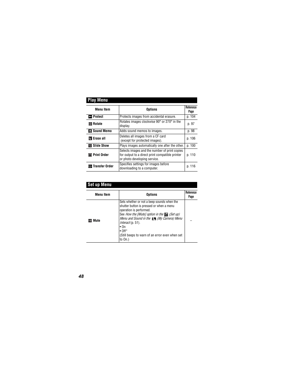 48 play menu, Set up menu | Canon 430 User Manual | Page 50 / 164