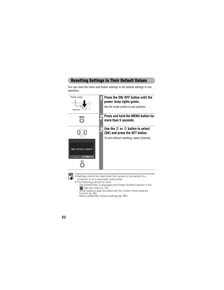 The following cannot be reset, Resetting settings to their default values | Canon 430 User Manual | Page 54 / 164