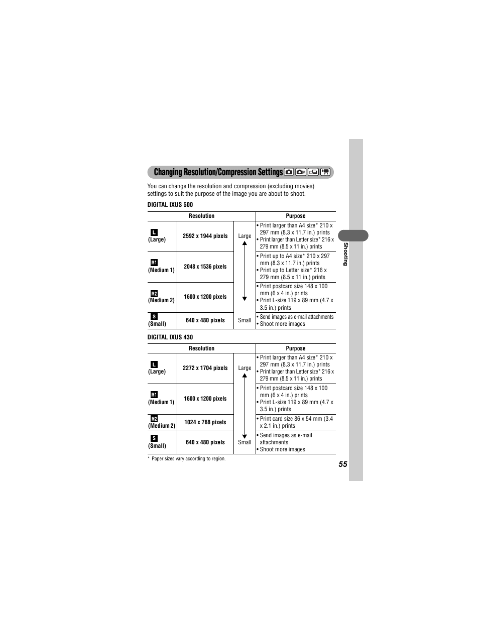 Changing resolution/compression settings | Canon 430 User Manual | Page 57 / 164