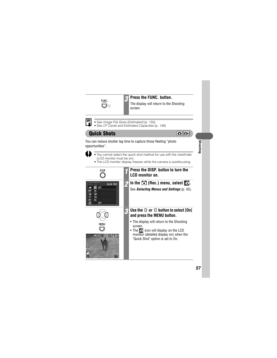 See image file sizes (estimated) (p. 150), See cf cards and estimated capacities (p. 148), Quick shots | Canon 430 User Manual | Page 59 / 164