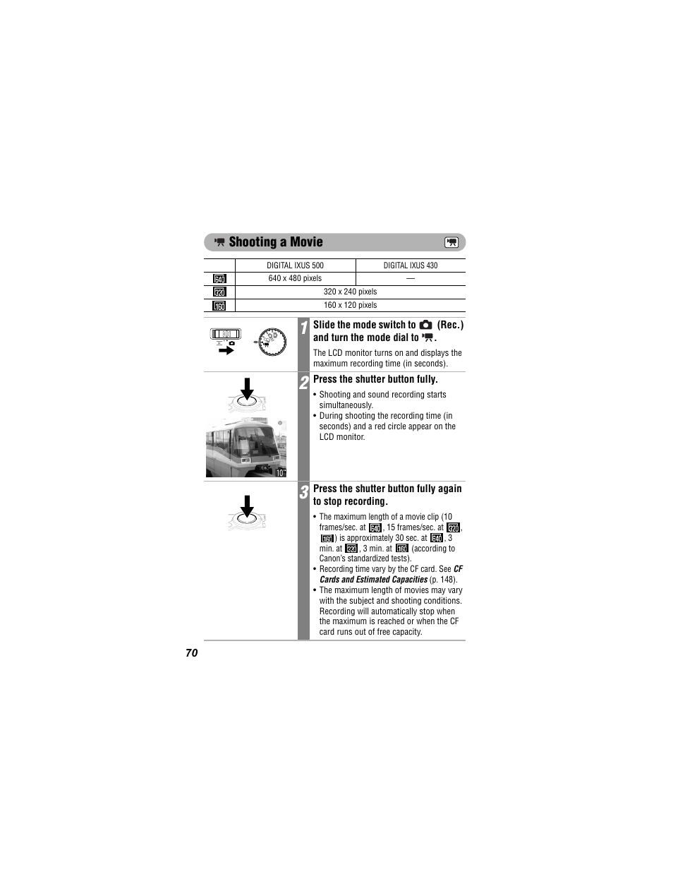 Shooting a movie | Canon 430 User Manual | Page 72 / 164