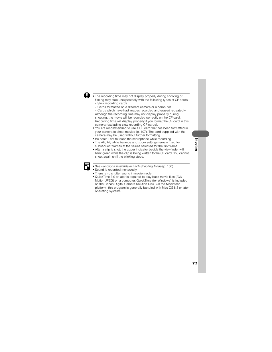Sound is recorded monaurally, There is no shutter sound in movie mode | Canon 430 User Manual | Page 73 / 164