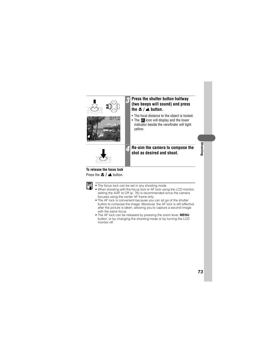 The focus lock can be set in any shooting mode | Canon 430 User Manual | Page 75 / 164
