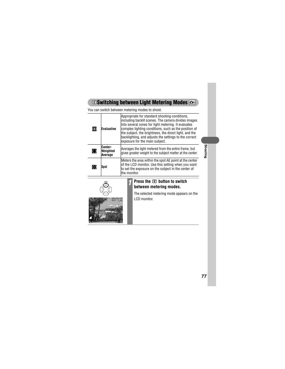 Switching between light metering modes | Canon 430 User Manual | Page 79 / 164