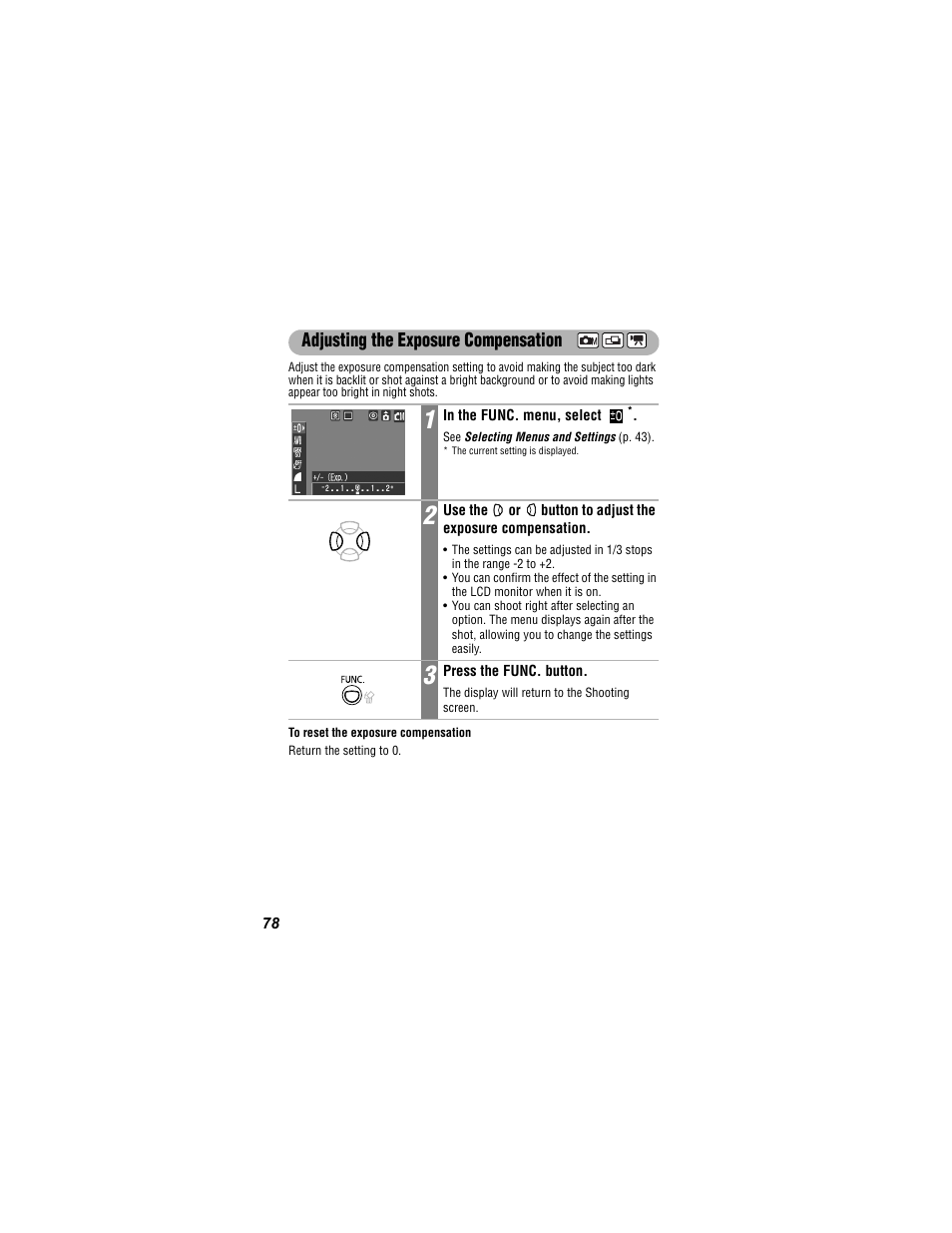 Adjusting the exposure compensation | Canon 430 User Manual | Page 80 / 164