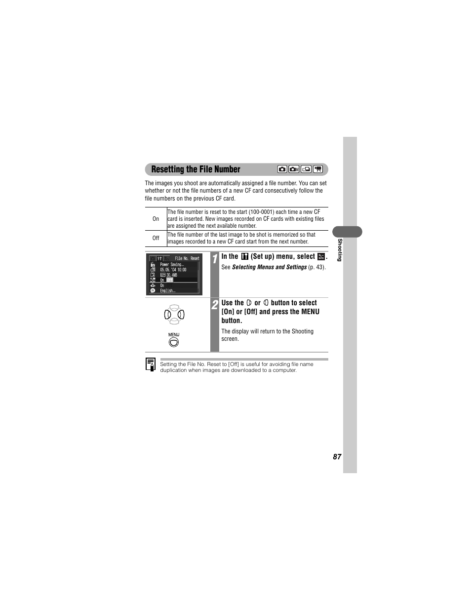 Resetting the file number | Canon 430 User Manual | Page 89 / 164