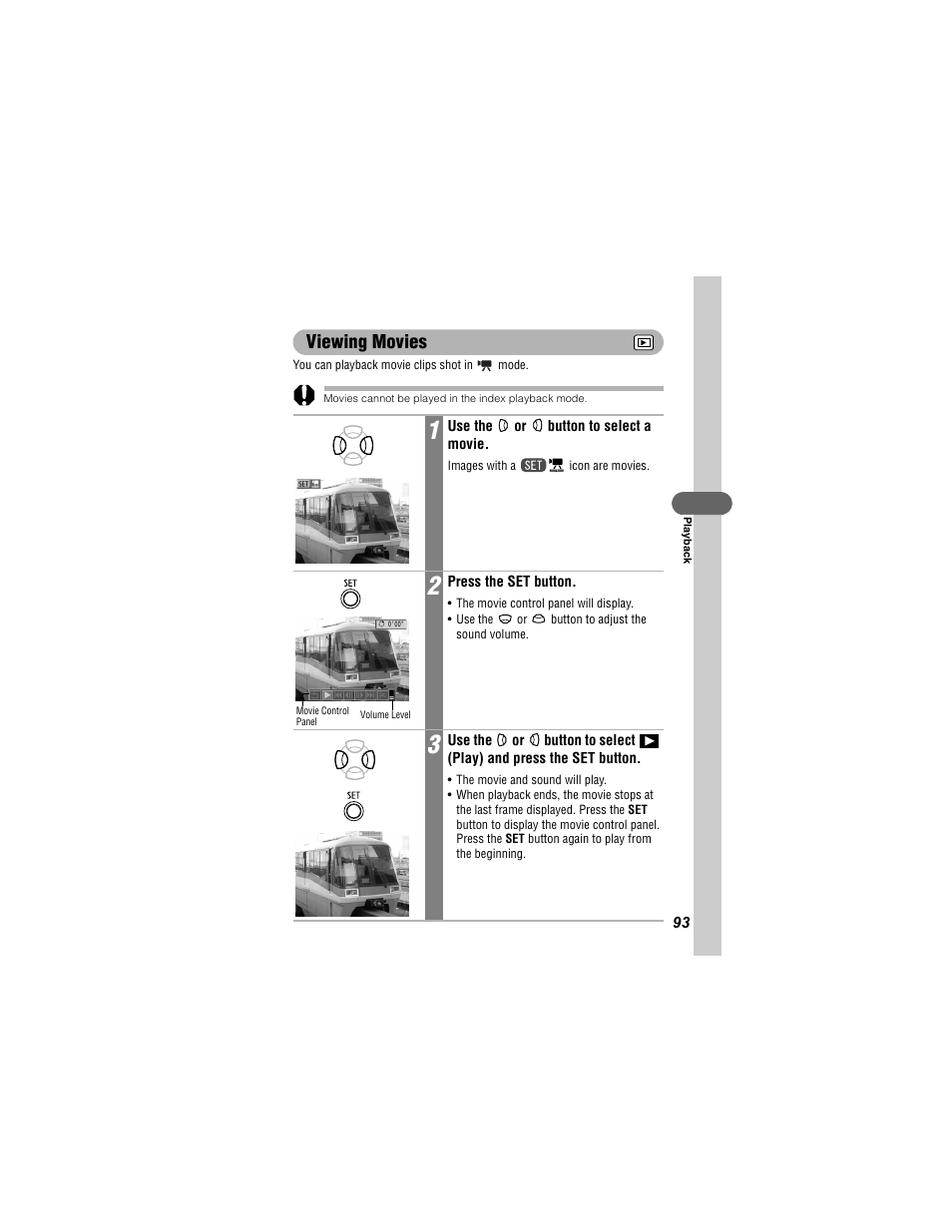 Movies cannot be played in the index playback mode, Viewing movies | Canon 430 User Manual | Page 95 / 164