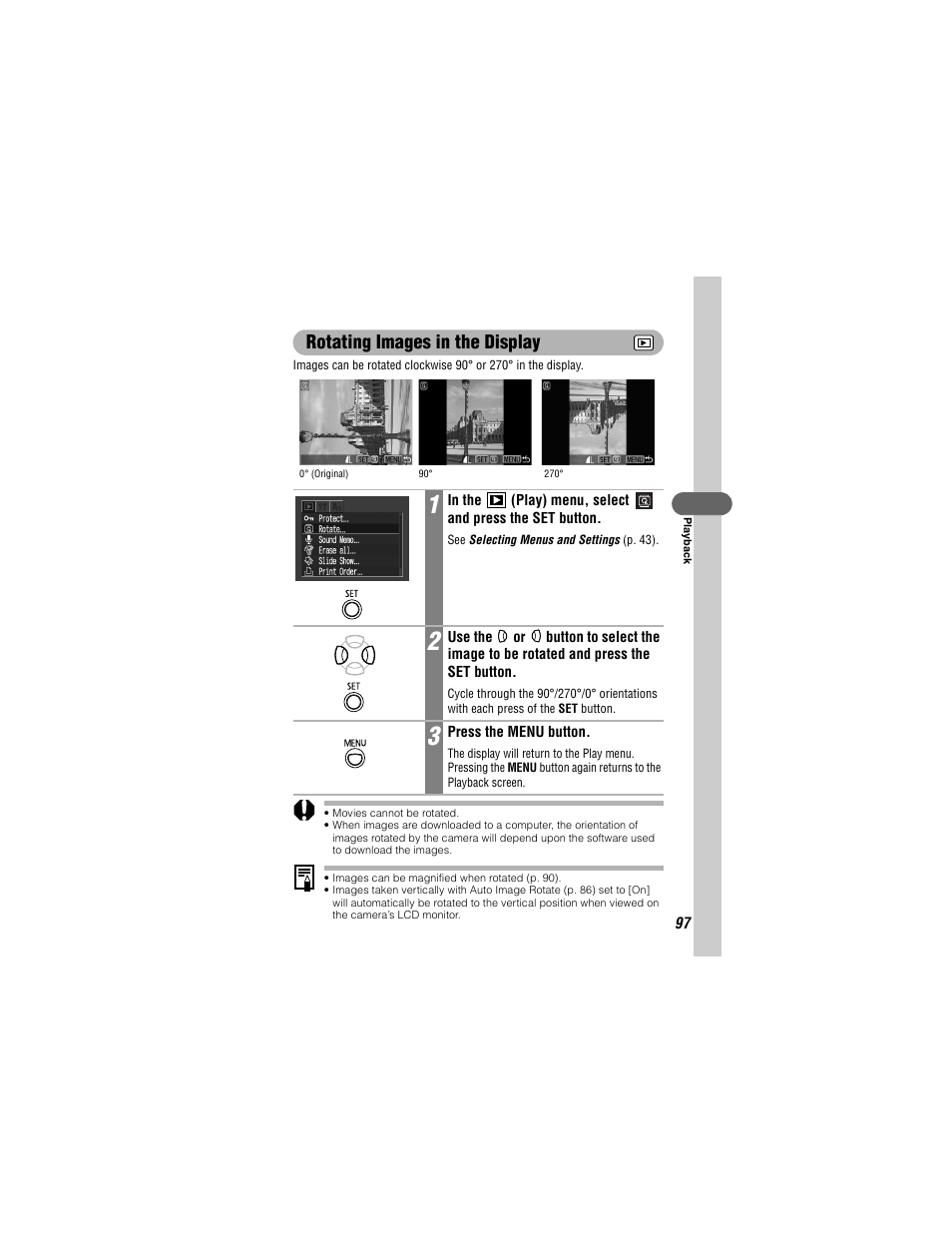 Movies cannot be rotated, Images can be magnified when rotated (p. 90), Rotating images in the display | Canon 430 User Manual | Page 99 / 164