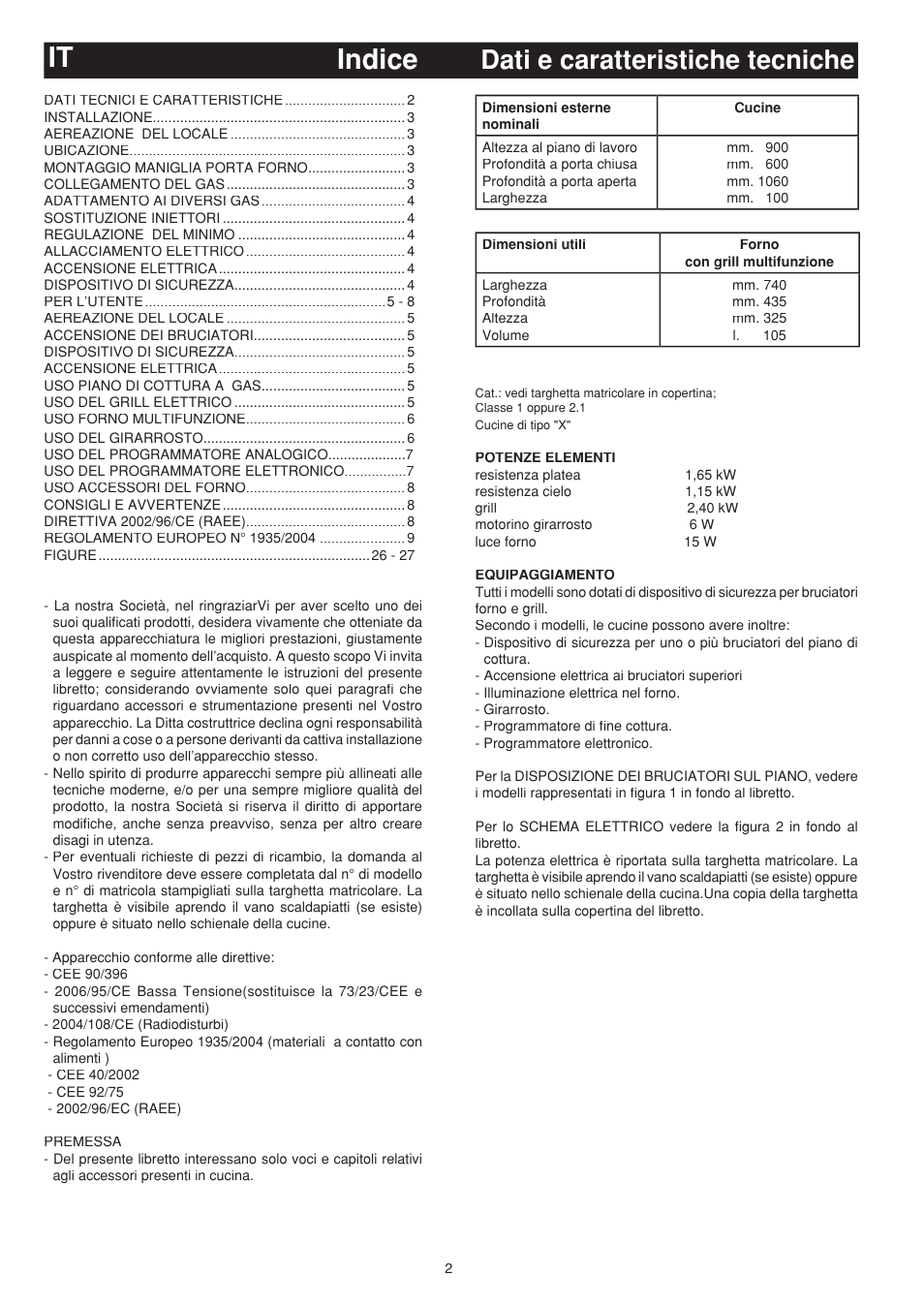 Indice it, Dati e caratteristiche tecniche | Bompani BO683SC/N User Manual | Page 2 / 28