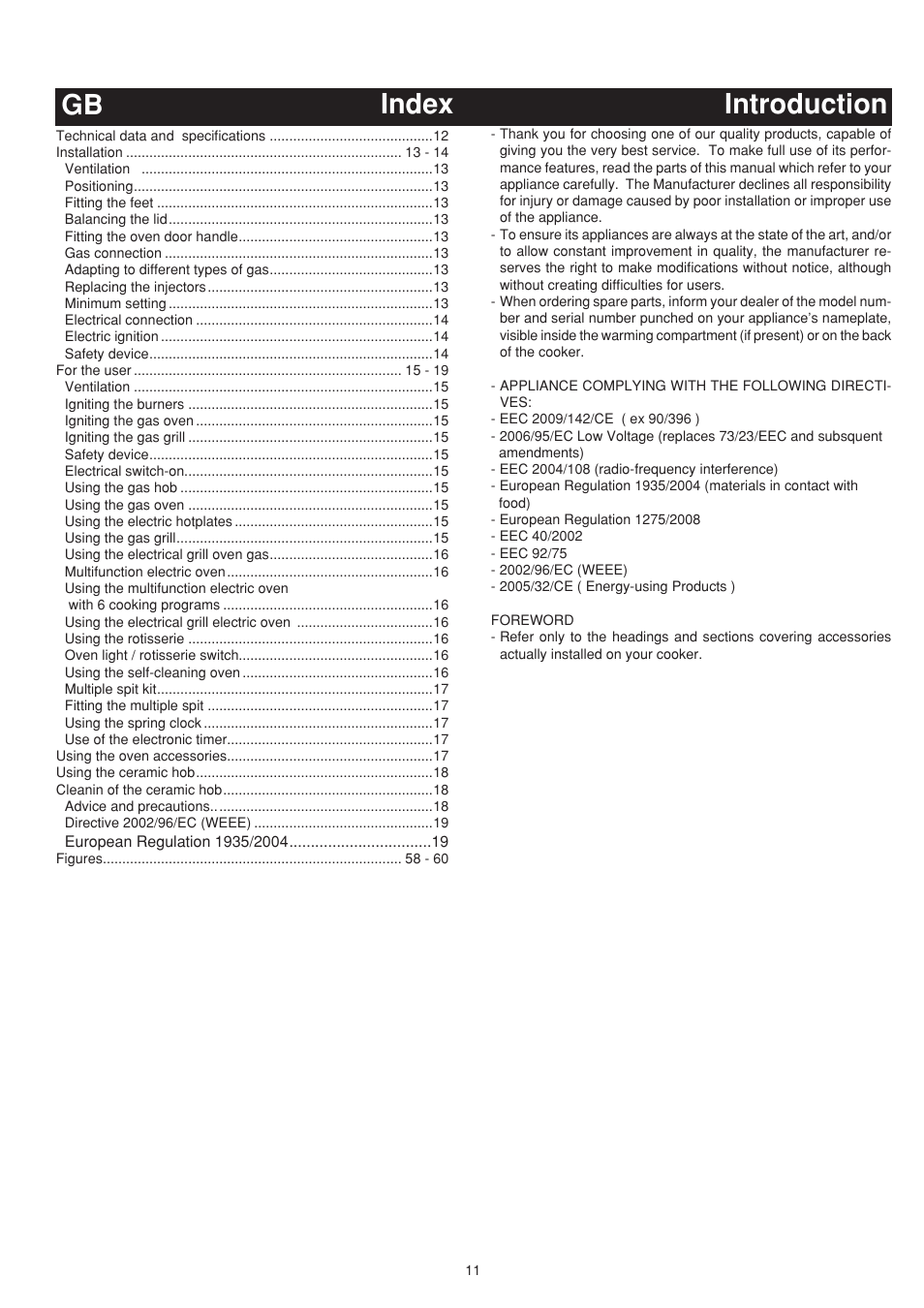 Introduction index gb | Bompani BO683YD/N User Manual | Page 11 / 60