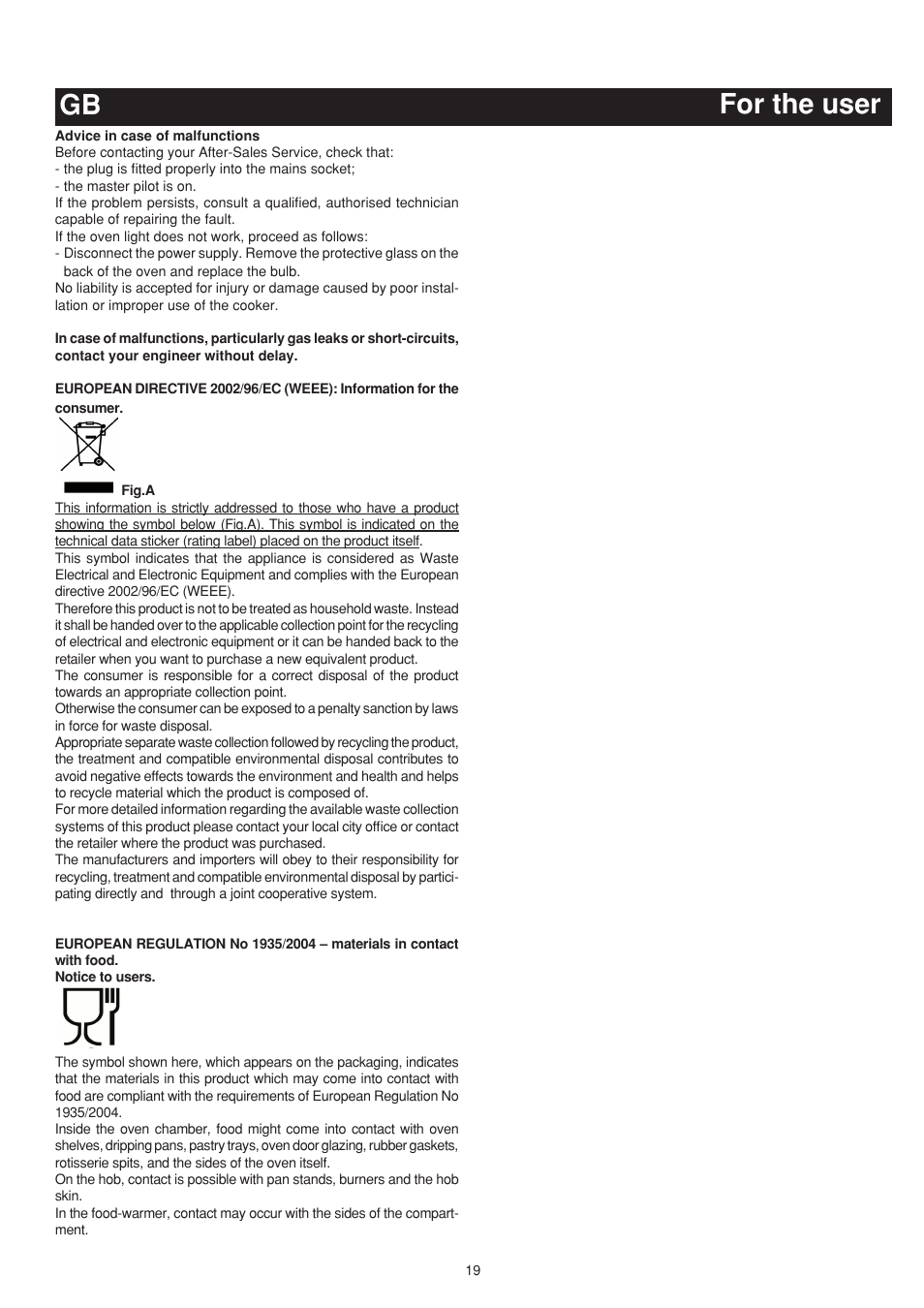 For the user gb | Bompani BO683YD/N User Manual | Page 19 / 60