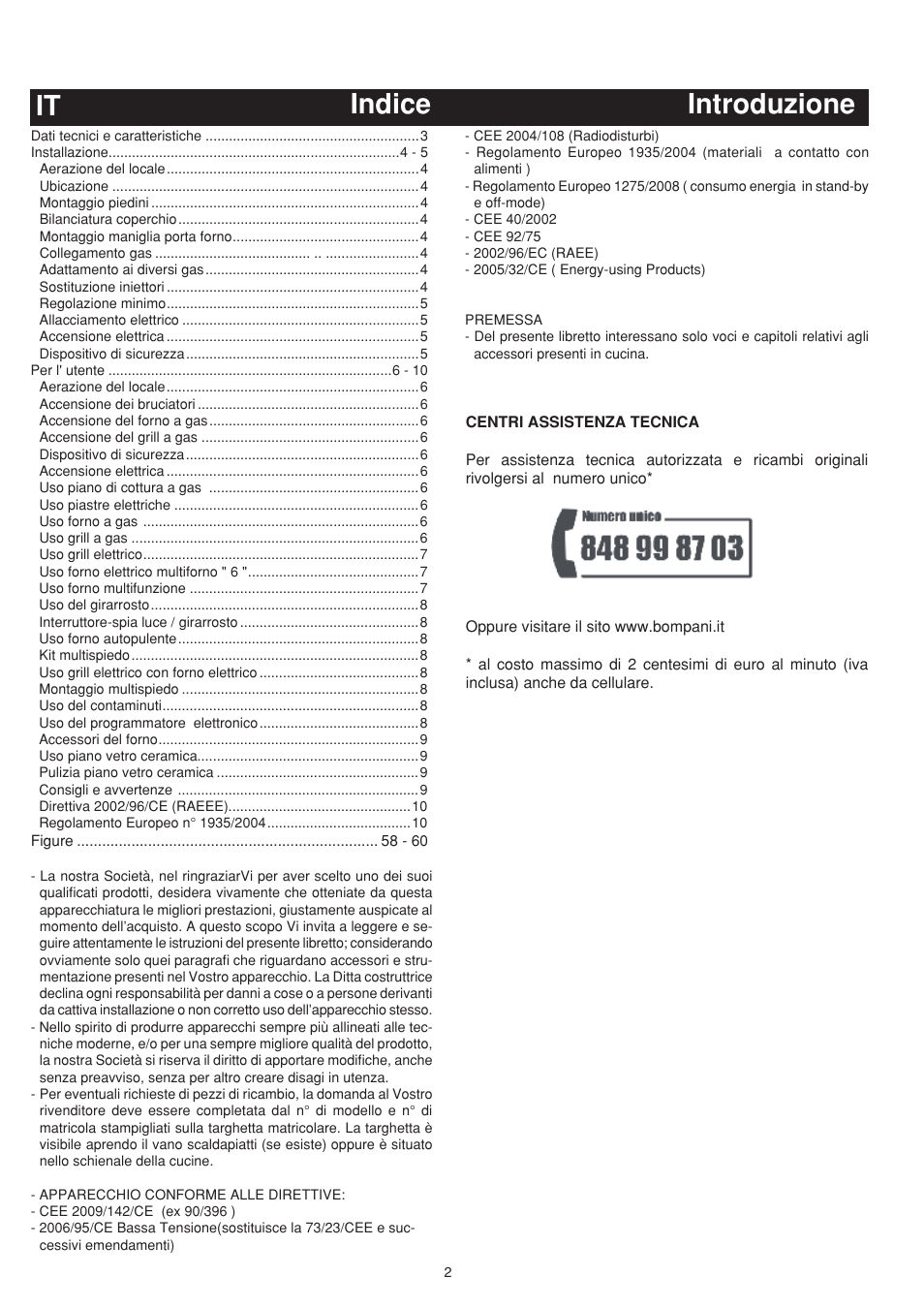 Indice it introduzione it | Bompani BO683YD/N User Manual | Page 2 / 60