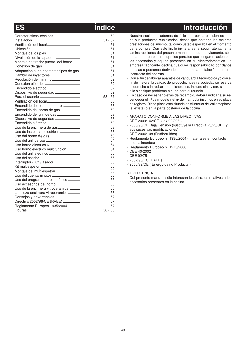Es índice introducción | Bompani BO683YD/N User Manual | Page 49 / 60
