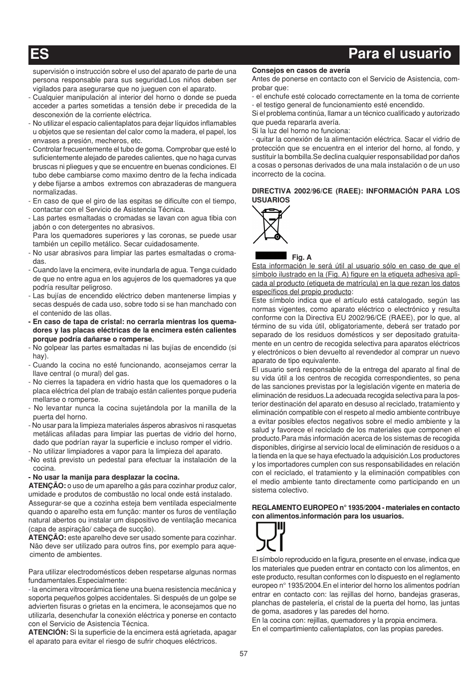 Para el usuario es | Bompani BO683YD/N User Manual | Page 57 / 60