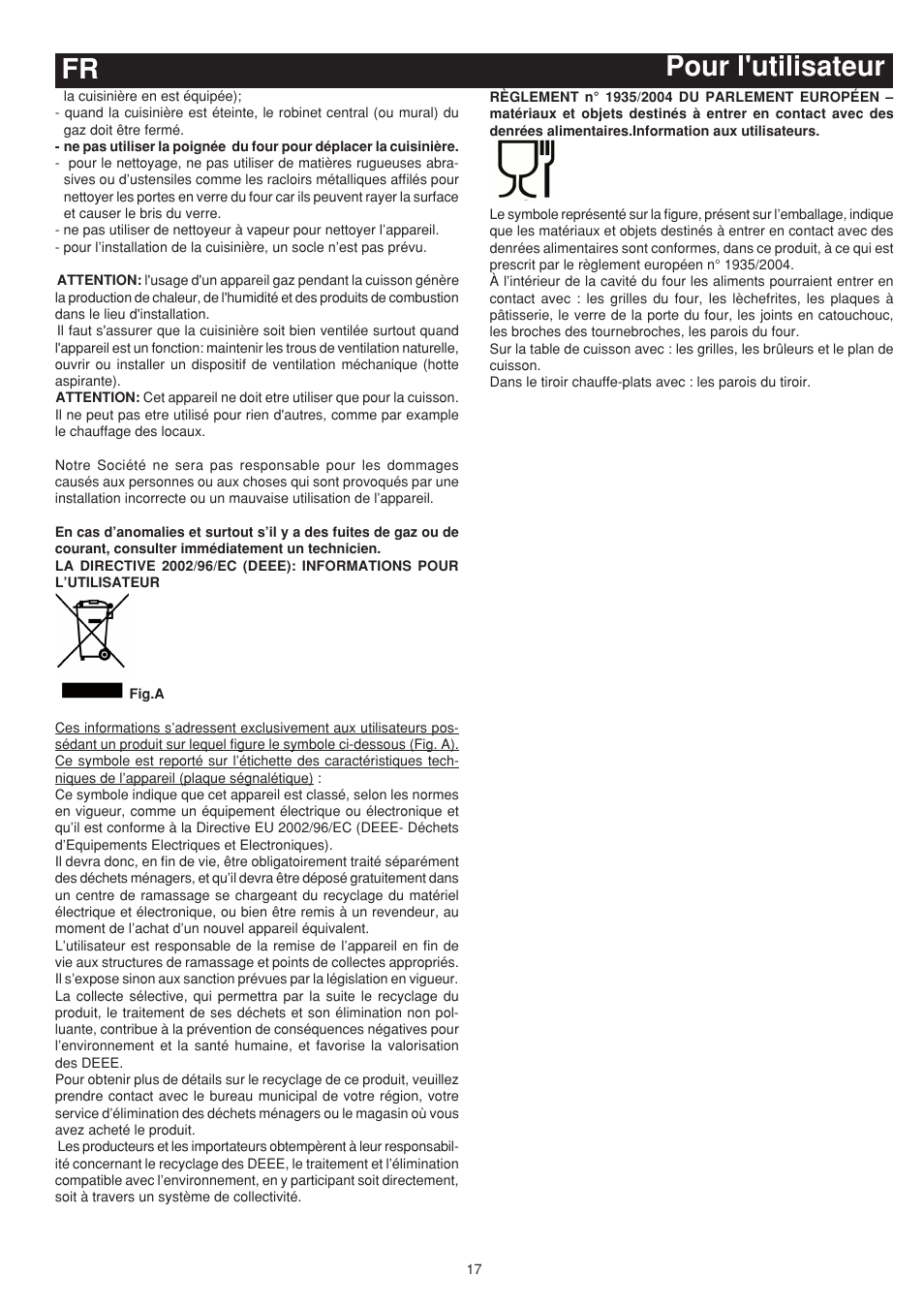 Pour l'utilisateur fr | Bompani BO743WI/N User Manual | Page 17 / 60