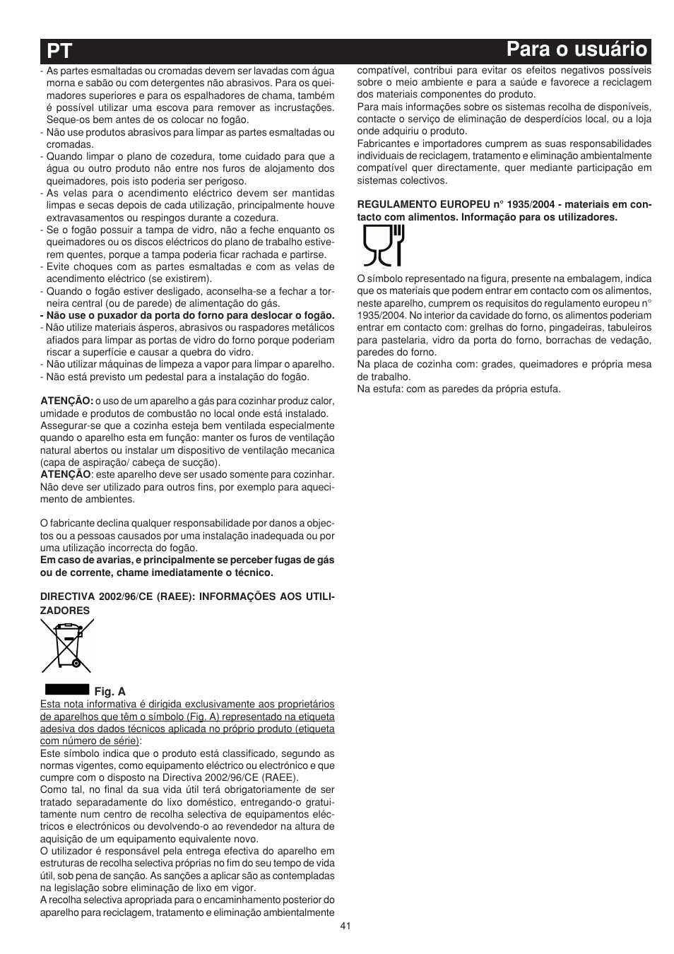 Para o usuário pt | Bompani BO743WI/N User Manual | Page 41 / 60