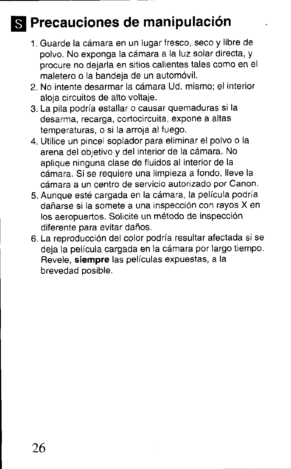 Precauciones de manipulación | Canon AS-1 User Manual | Page 16 / 62
