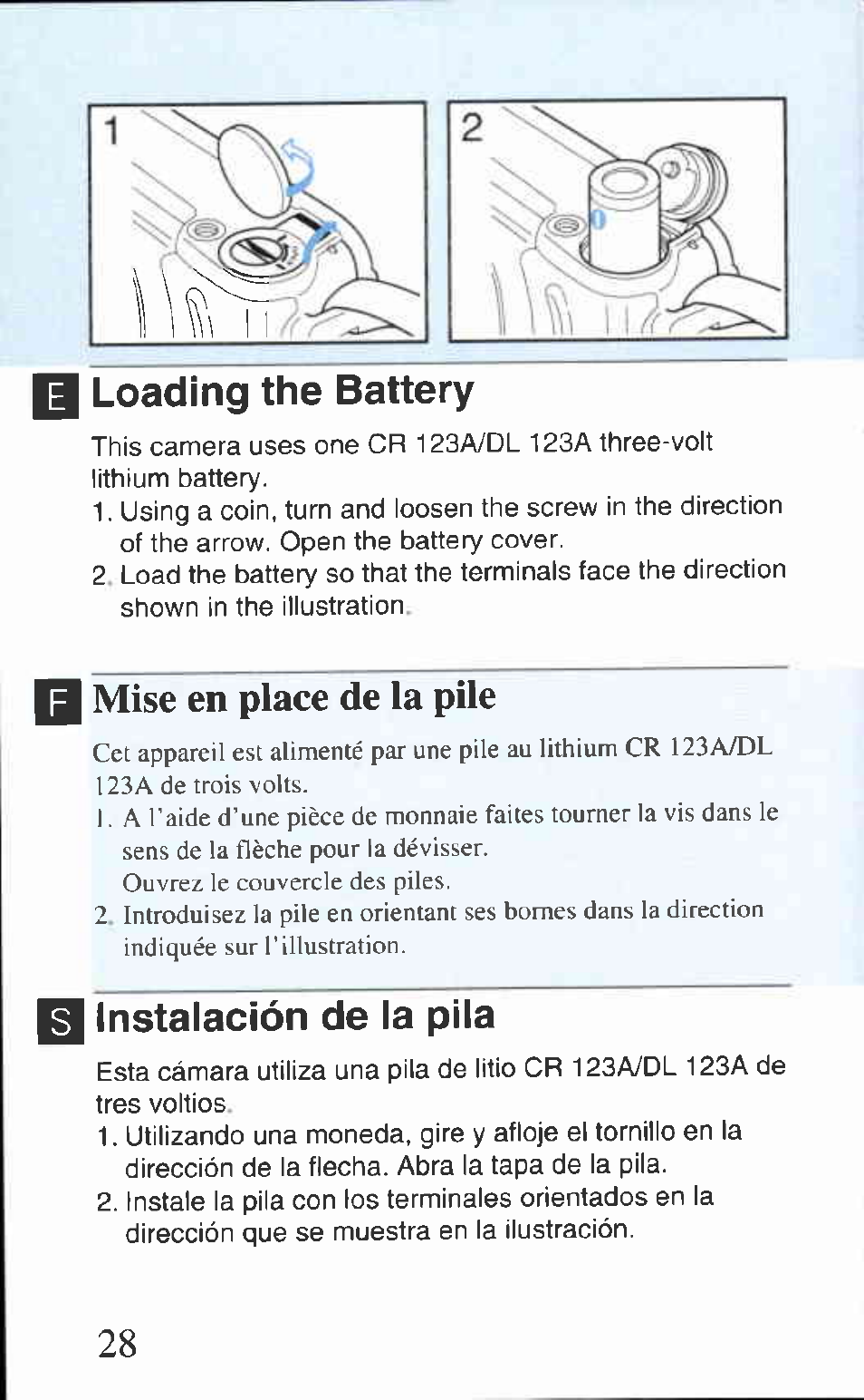 Loading the battery, I instalación de la pila, I mise en place de la pile | Instalación de la pila | Canon AS-1 User Manual | Page 18 / 62