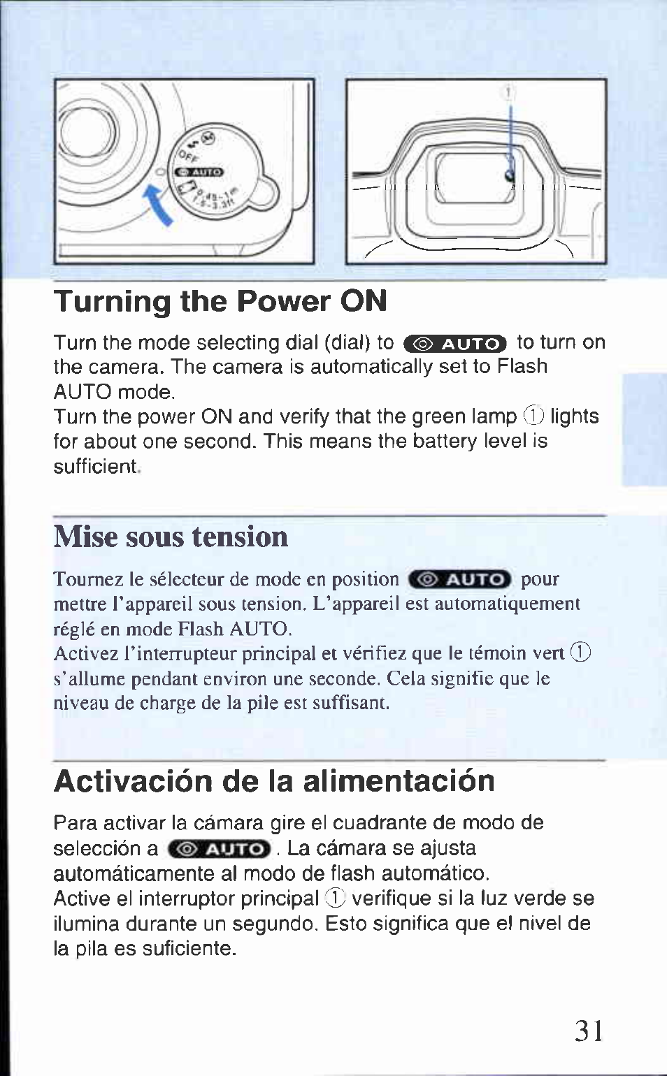 Turning the power on, Activación de ia aiimentación, Mise sous tension | Canon AS-1 User Manual | Page 21 / 62