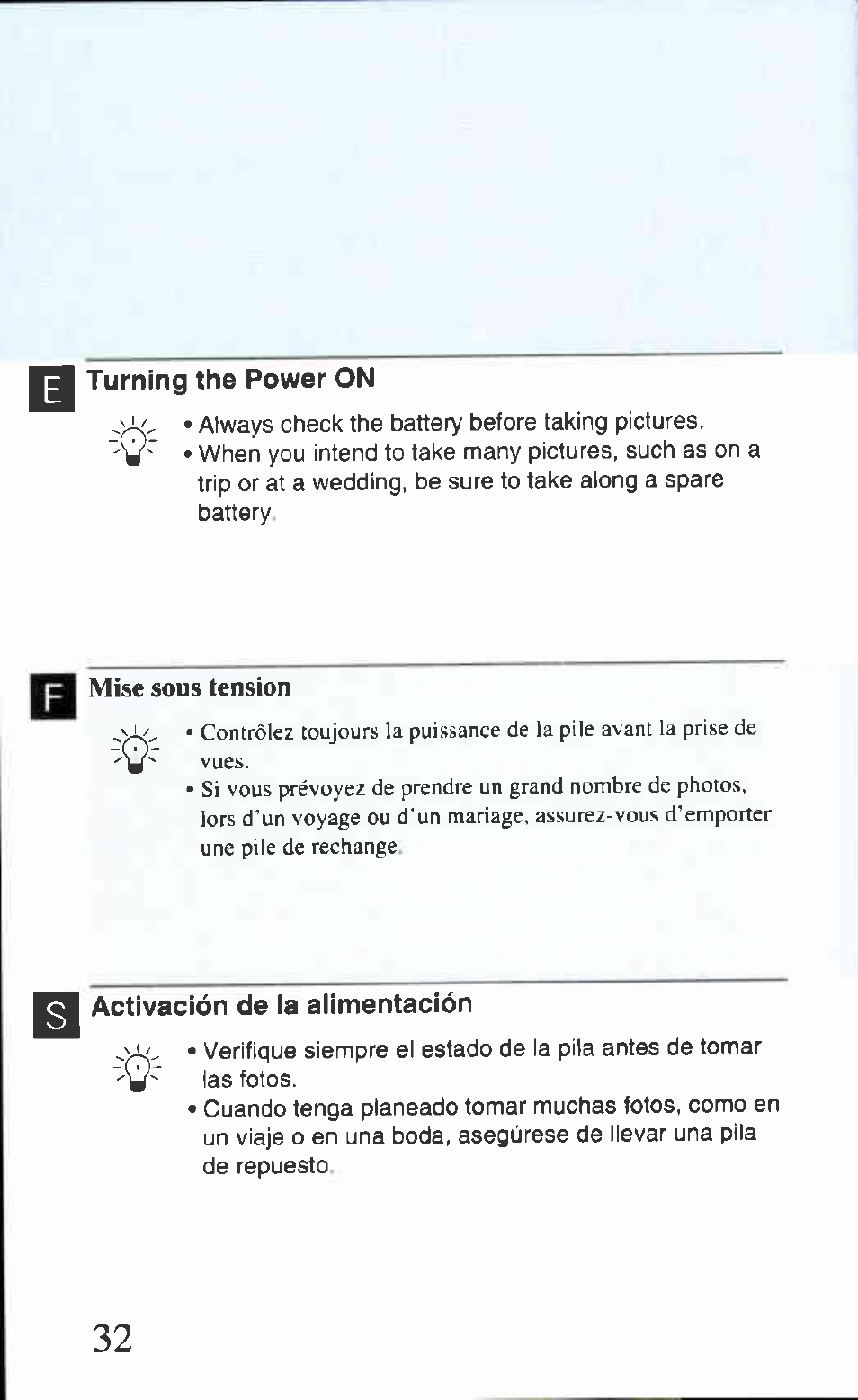 I turning the power on, Activación de ia aiimentación | Canon AS-1 User Manual | Page 22 / 62