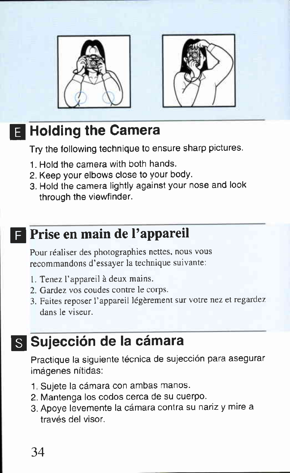 I holding the camera, I sujeccíón de la cámara, I prise en main de l’appareil | Canon AS-1 User Manual | Page 24 / 62