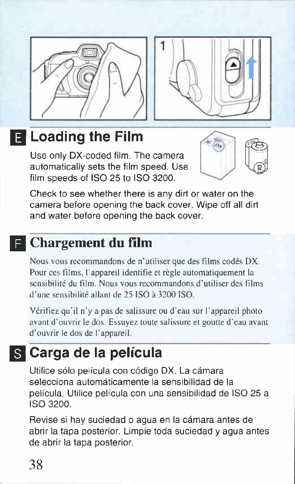 I loading the film, Carga de la película, Loading the film | Chargement du fílm | Canon AS-1 User Manual | Page 28 / 62