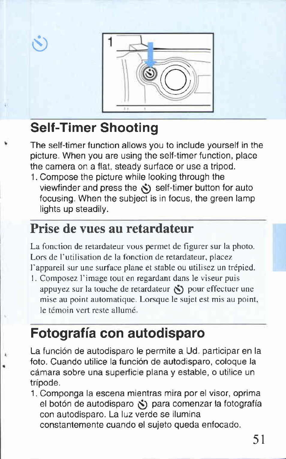Self-timer shooting, Fotografía con autodisparo, 0 self-timer shooting | 0 fotografiado con autodisparo, Prise de vues au retardateur | Canon AS-1 User Manual | Page 41 / 62