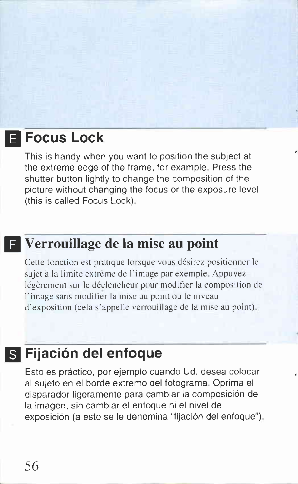 I focus lock, Fijación del enfoque, Focus lock | Verrouillage de la mise au point | Canon AS-1 User Manual | Page 46 / 62
