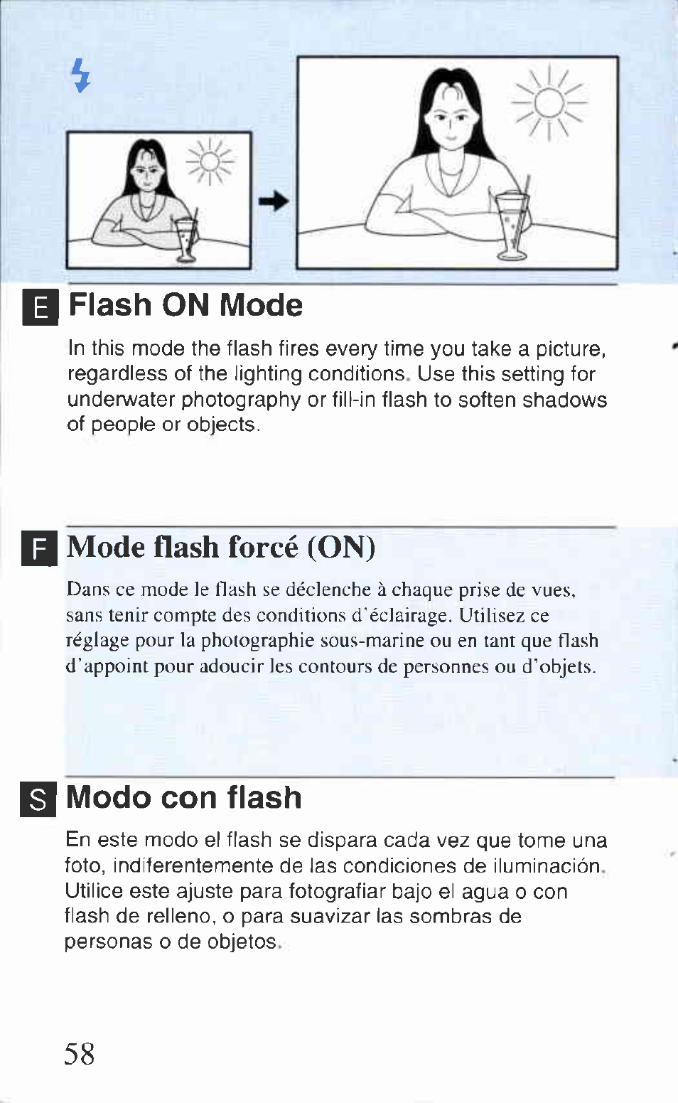 I flash on mode, I modo con flash, V flash on mode | V modo con flash, Mode flash forcé (on) | Canon AS-1 User Manual | Page 48 / 62