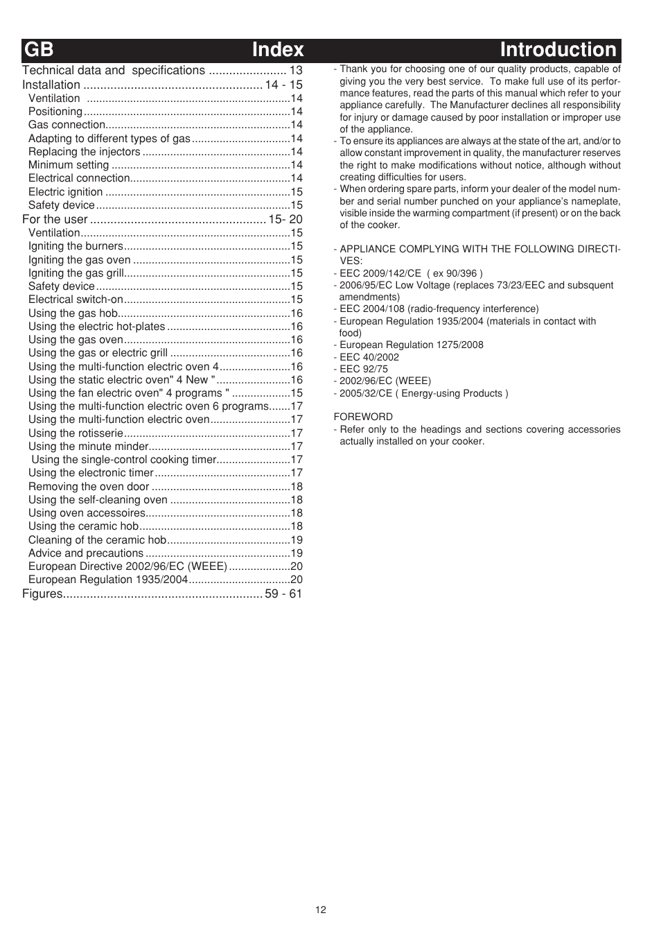 Introduction index gb | Bompani BO643JT/N User Manual | Page 12 / 64