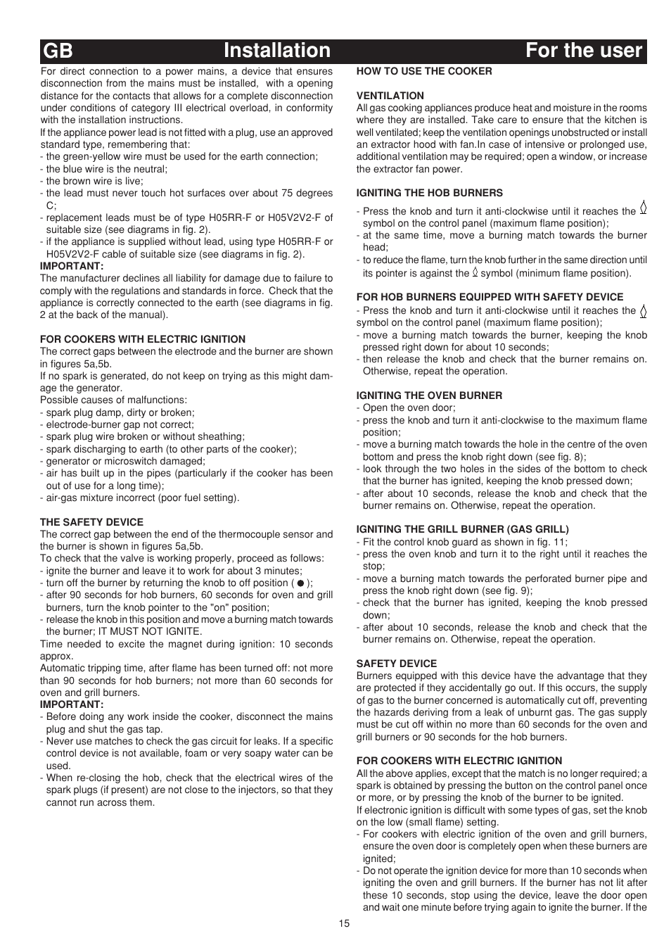 For the user gb installation | Bompani BO643JT/N User Manual | Page 15 / 64