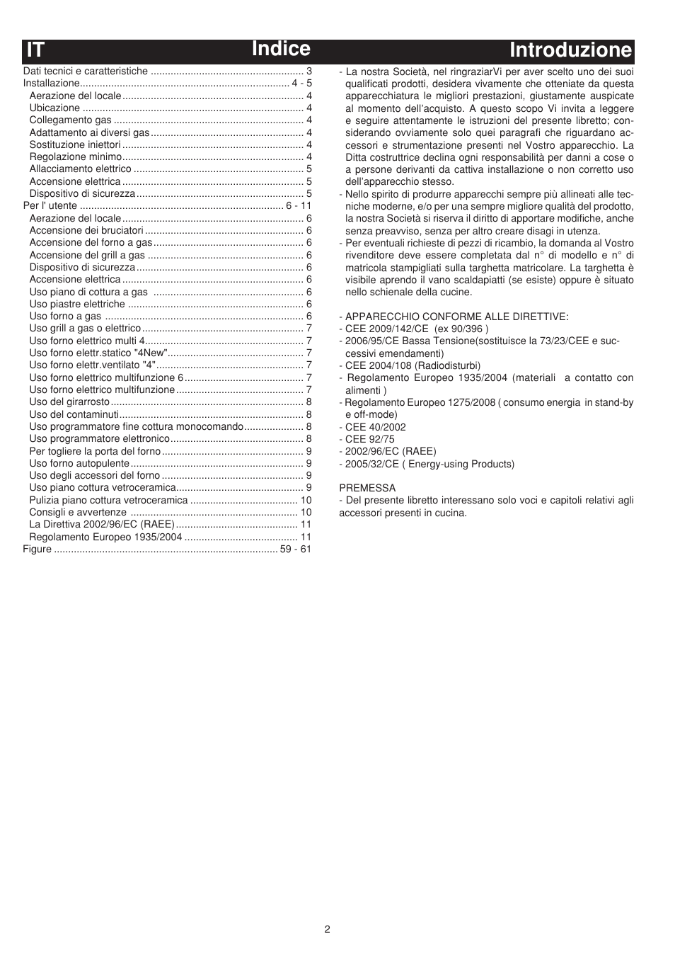 Introduzione indice | Bompani BO643JT/N User Manual | Page 2 / 64