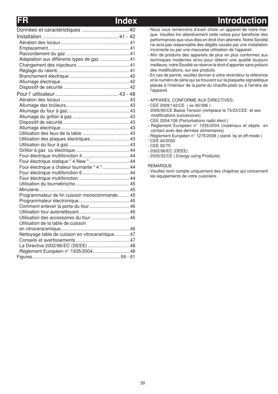 Index introduction fr | Bompani BO643JT/N User Manual | Page 39 / 64