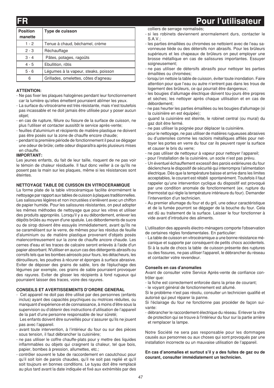 Fr pour l'utilisateur | Bompani BO643JT/N User Manual | Page 47 / 64
