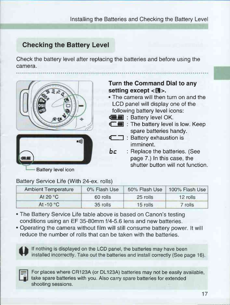 Checking the battery level, Turn the command dial to any setting except <b | Canon EOS 3000 QD User Manual | Page 17 / 72