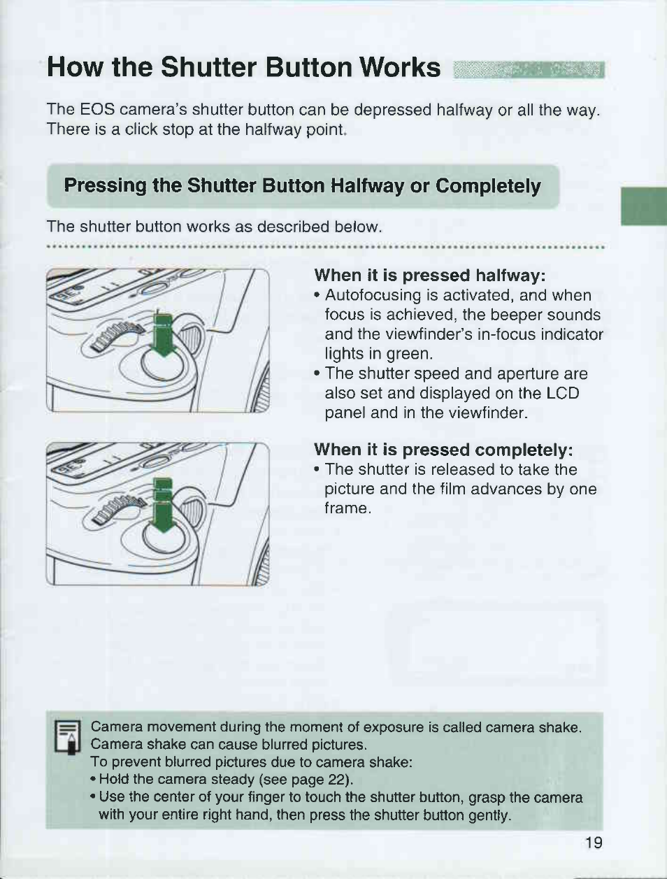 How the shutter button works, Pressing the shutter button halfway or completely, When it is pressed haifway | When it is pressed compieteiy | Canon EOS 3000 QD User Manual | Page 19 / 72