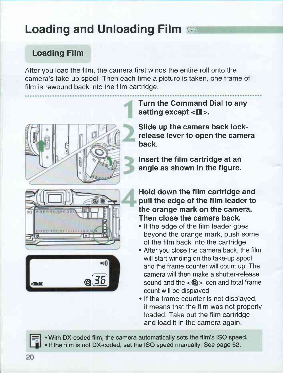 Loading and unloading film, Loading film, Turn the command dial to any i setting except <(1 | Canon EOS 3000 QD User Manual | Page 20 / 72