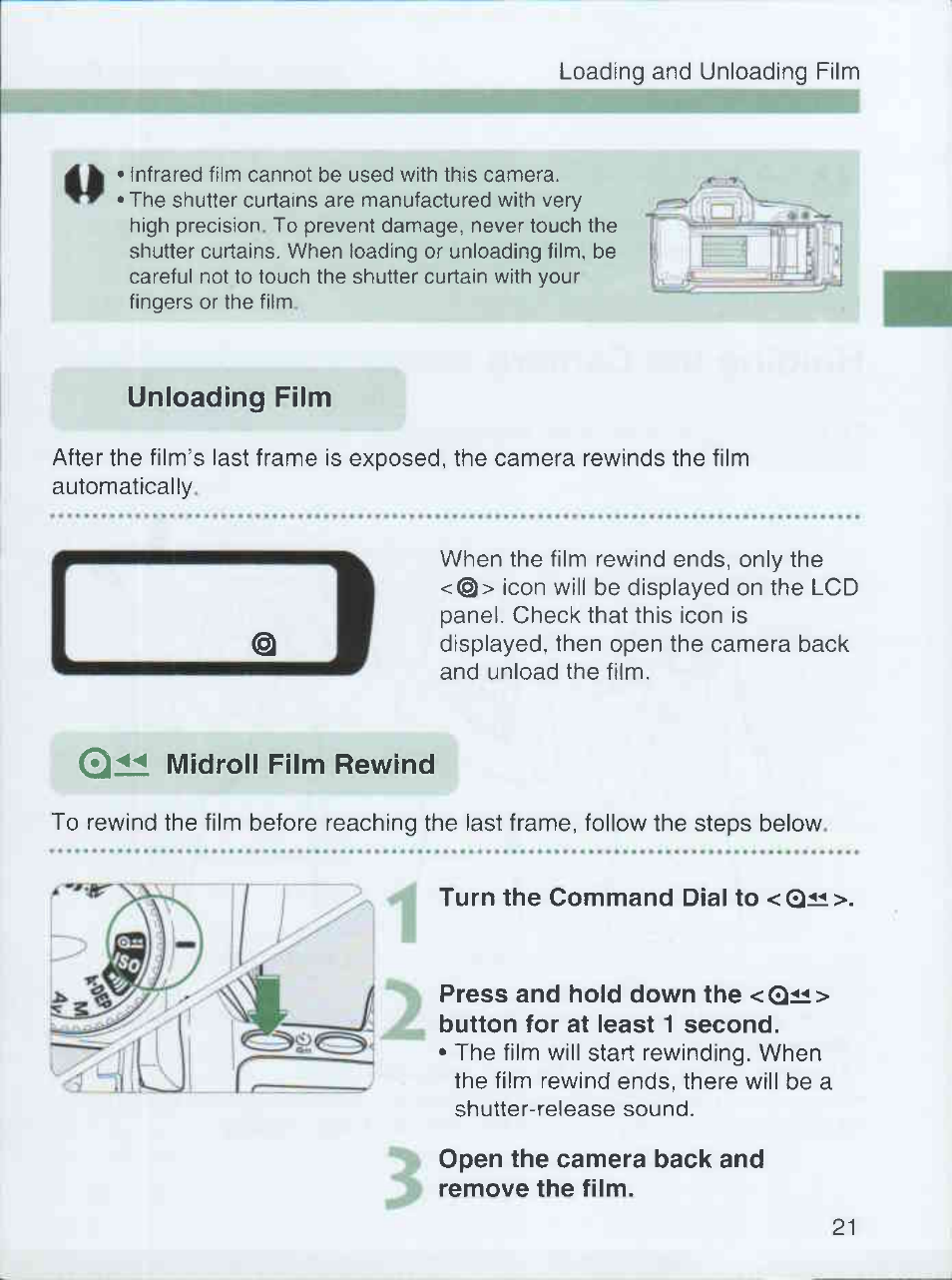 Unloading film, 0±1 midroll film rewind, Turn the command dial to <qii | Open the camera back and remove the film, 0u midroll film rewind | Canon EOS 3000 QD User Manual | Page 21 / 72