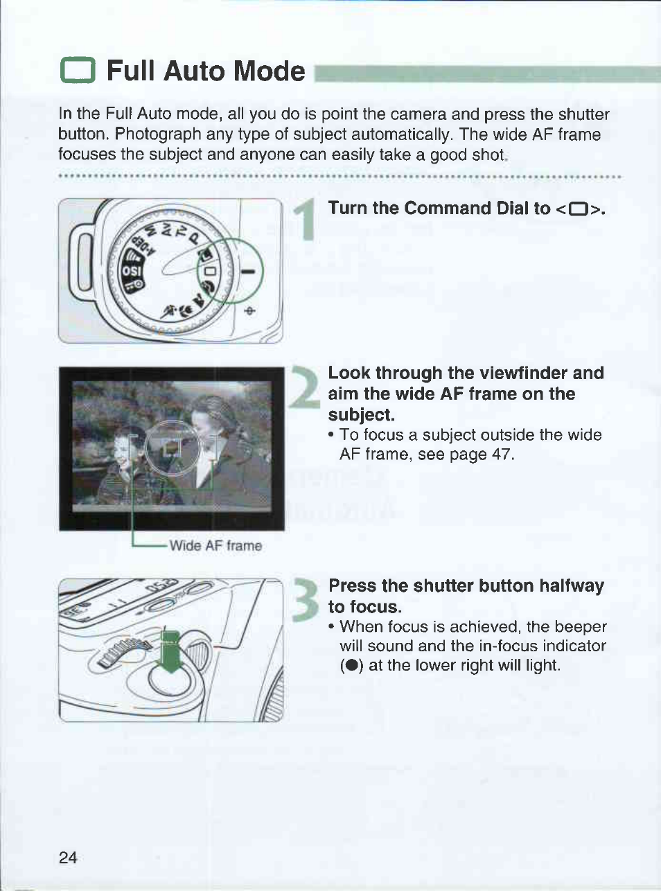 O full auto mode, Turn the command dial to <d, Press the shutter button halfway to focus | Full auto mode | Canon EOS 3000 QD User Manual | Page 24 / 72