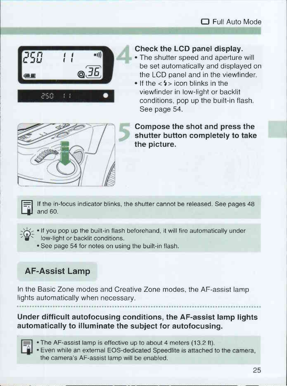 Check the lcd panel display, Af-assist lamp | Canon EOS 3000 QD User Manual | Page 25 / 72