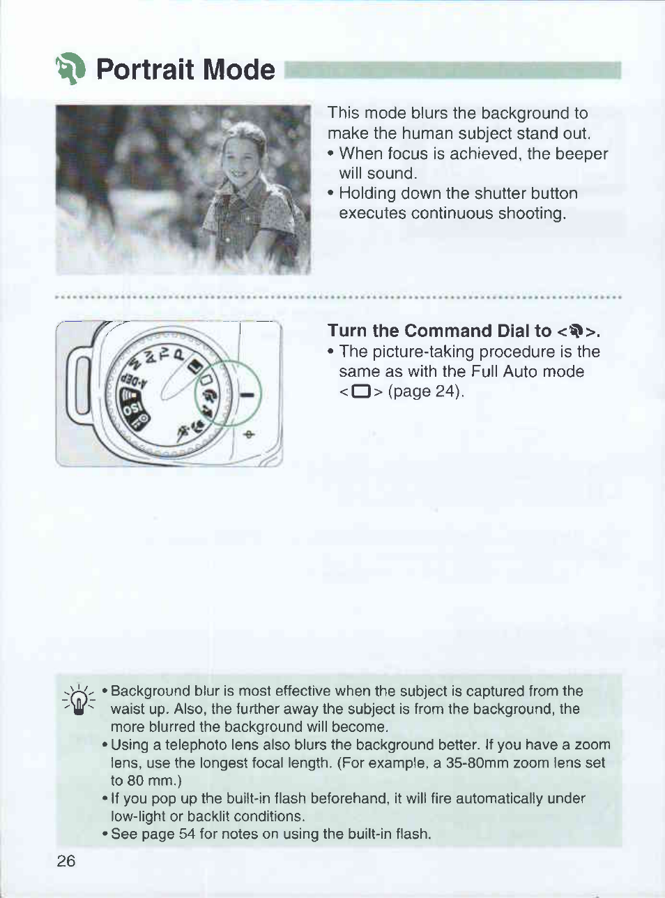 Turn the command dial to, Portrait mode | Canon EOS 3000 QD User Manual | Page 26 / 72