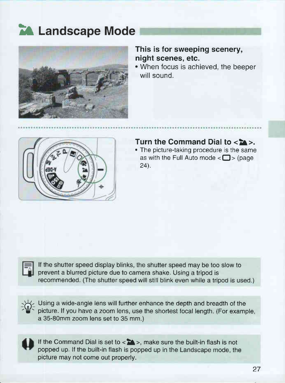 This is for sweeping scenery, night scenes, etc, Turn the command diai to <ik, Landscape mode | Canon EOS 3000 QD User Manual | Page 27 / 72