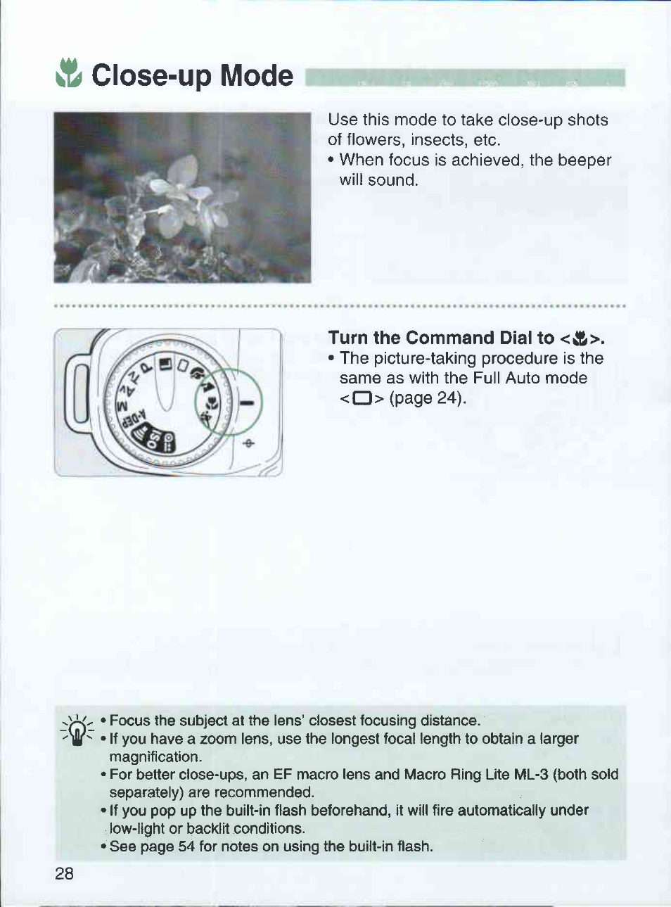 Turn the command dial to <ft, Close-up mode | Canon EOS 3000 QD User Manual | Page 28 / 72
