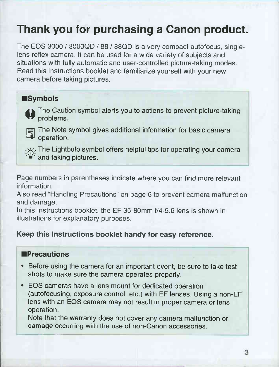 Thank you for purchasing a canon product, Symbols, Precautions | Canon EOS 3000 QD User Manual | Page 3 / 72