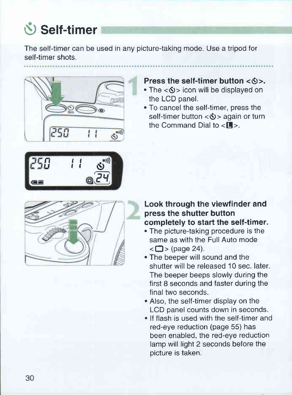 Cy self-timer, Press the self-timer button <d), Self-timer | Canon EOS 3000 QD User Manual | Page 30 / 72