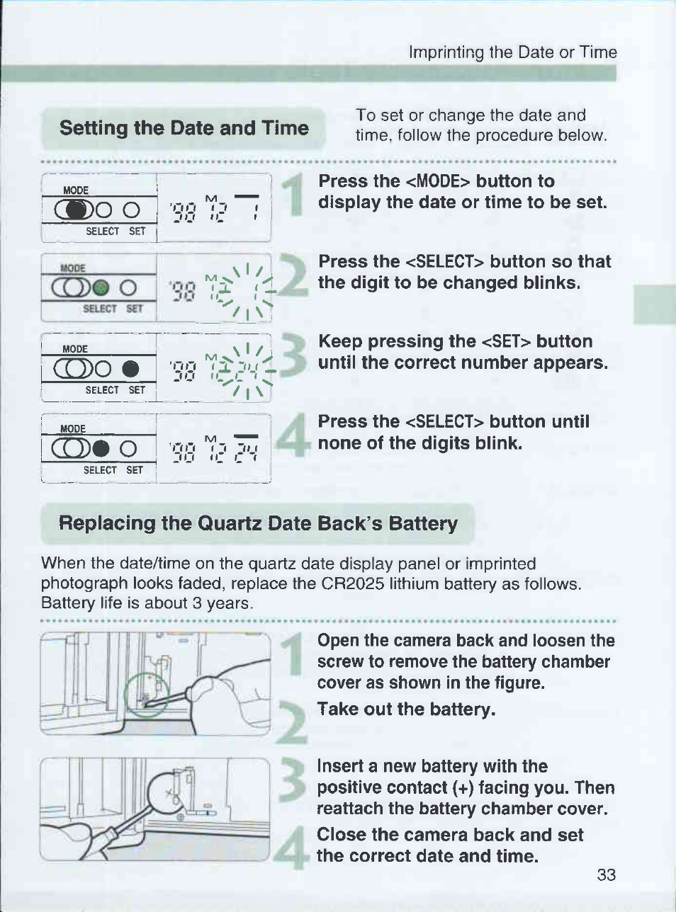 Setting the date and time, Replacing the quartz date back’s battery, M)o o | Cq)« o, Cd)# o | Canon EOS 3000 QD User Manual | Page 33 / 72